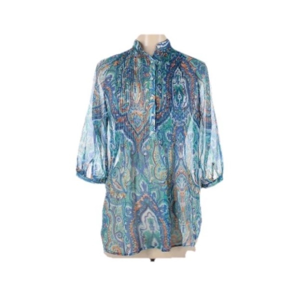 Ralph Lauren Women’s Blue Paisley Half Sleeve Pleated Chiffon Poets Blouse Large - Picture 3 of 10